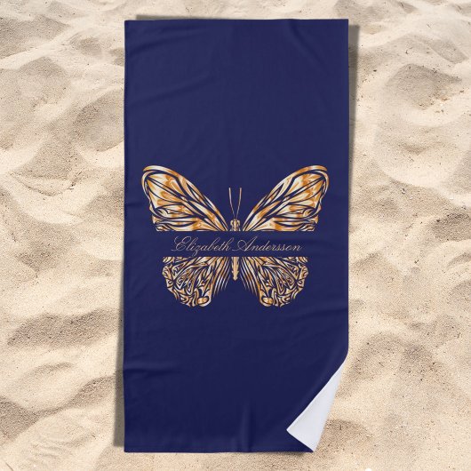 Navy blauw goud vlinder naam script strandlaken