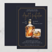 Navy Blauw Goud Whiskey Fles Verjaardag uitnodigin Kaart (Voorkant / Achterkant)