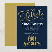 Navy Blauw Goud Wit 60e Verjaardagsfeestje Kaart (Voorkant / Achterkant)