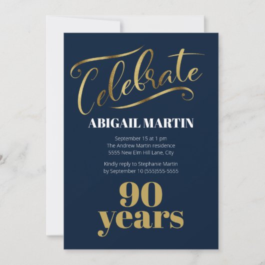 Navy Blauw Goud Wit 90ste Verjaardagsfeest Kaart (Voorkant)