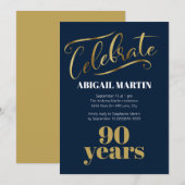 Navy Blauw Goud Wit 90ste Verjaardagsfeest Kaart (Voorkant / Achterkant)