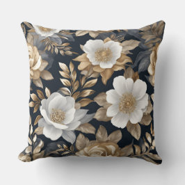  Navy Blauw Goud Wit Bloemen Kussen
