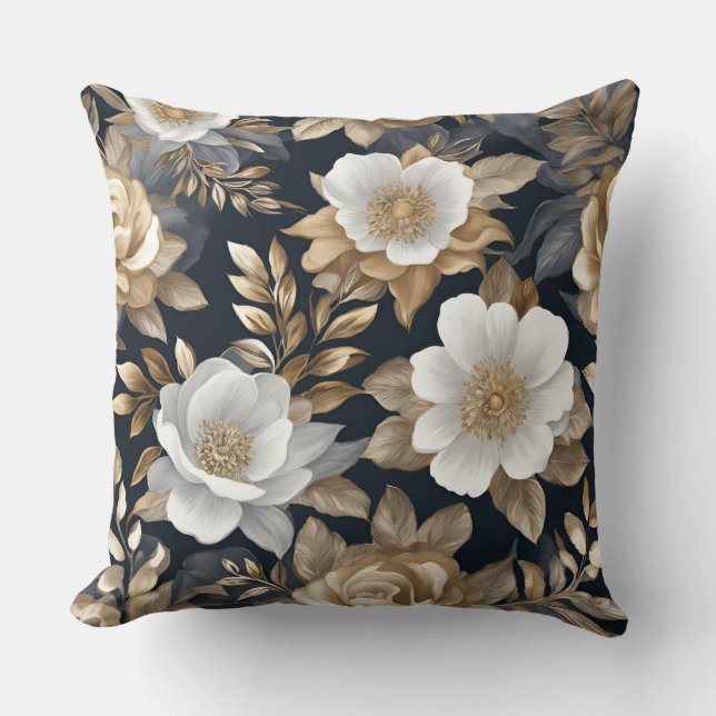  Navy Blauw Goud Wit Bloemen Kussen (Voorkant)