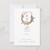 Navy Blauw Goud Wit klassiek bloemenkuif bruiloft RSVP Kaartje (Voorkant)