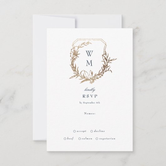 Navy Blauw Goud Wit klassiek bloemenkuif bruiloft RSVP Kaartje (Voorkant)