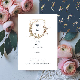 Navy Blauw Goud Wit klassiek bloemenkuif bruiloft RSVP Kaartje