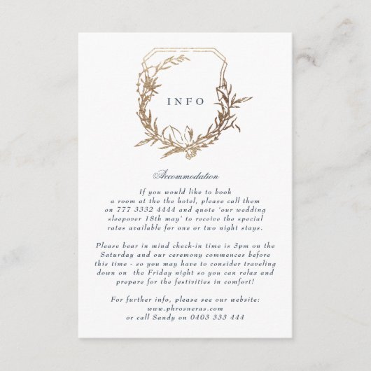 Navy Blauw Goud Wit klassiek crest bruiloft Informatiekaartje (Voorkant)