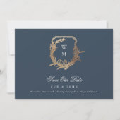 Navy Blauw Goud Wit Klassiek Monogram Crest Foto Save The Date (Voorkant)