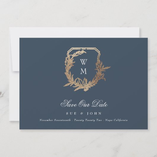 Navy Blauw Goud Wit Klassiek Monogram Crest Foto Save The Date (Voorkant)