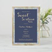 Navy blauw goud zilver holografie Sweet Sixteen Kaart (Staand voorkant)