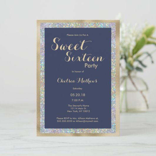Navy blauw goud zilver holografie Sweet Sixteen Kaart (Staand voorkant)