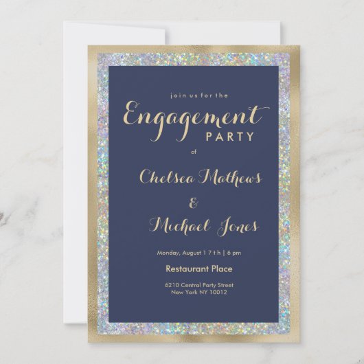 Navy blauw goud zilver holografische Engagement Pa Kaart (Voorkant)
