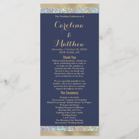 Navy blauw goud zilver holografische glitter programmakaart (Voorkant)