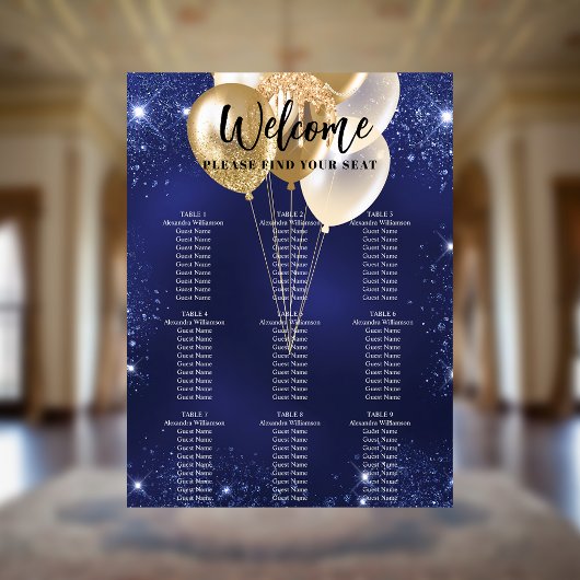 Navy blauw gouden ballonnen 9 tafels zitgrafiek poster