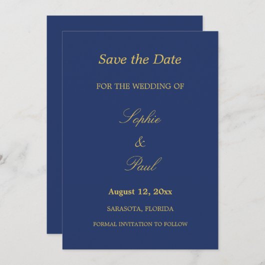 Navy Blauw Gouden Beige Save the Date (Voorkant / Achterkant)