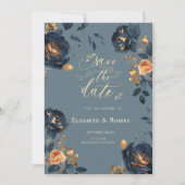 Navy Blauw Gouden Bloemen Stoffig Blauw Save The D Save The Date (Voorkant)