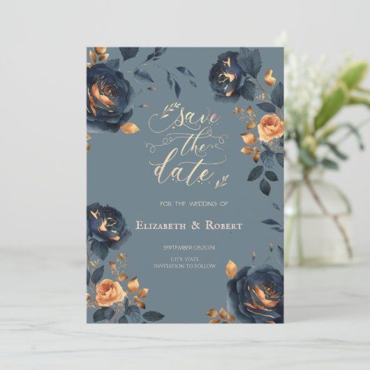 Navy Blauw Gouden Bloemen Stoffig Blauw Save The D Save The Date (Staand voorkant)