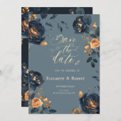 Navy Blauw Gouden Bloemen Stoffig Blauw Save The D Save The Date (Voorkant / Achterkant)