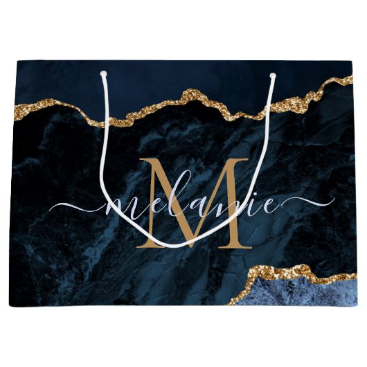 Navy Blauw Gouden Cadeautas Aangepaste Naam en Let (Voorkant)