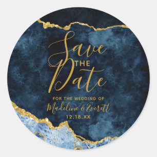 Navy Blauw Gouden Folie Agaat Marmer Save the Date Ronde Sticker