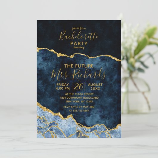 Navy Blauw Gouden Folie Bachelorette Party Uitnodi Kaart (Staand voorkant)