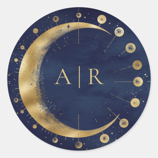 Navy Blauw Gouden Halve Maan Bruiloft Envelop Afdi Ronde Sticker (Voorkant)