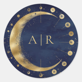 Navy Blauw Gouden Halve Maan Bruiloft Envelop Afdi Ronde Sticker