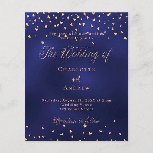 Navy blauw gouden harten budget bruiloft uitnodigi flyer (Voorkant)