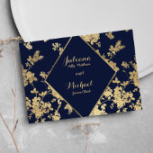 Navy blauw gouden kant bloemen luxe RSVP Uitnodigi Kaart