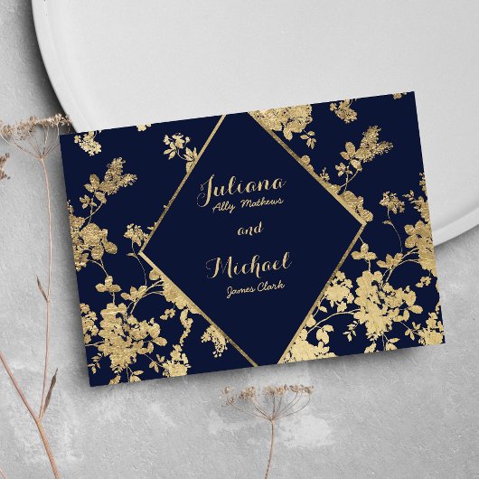 Navy blauw gouden kant bloemen luxe RSVP Uitnodigi Kaart