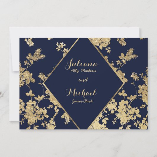 Navy blauw gouden kant bloemen luxe RSVP Uitnodigi Kaart (Voorkant)