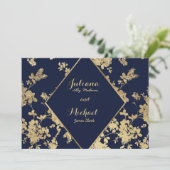 Navy blauw gouden kant bloemen luxe RSVP Uitnodigi Kaart (Staand voorkant)