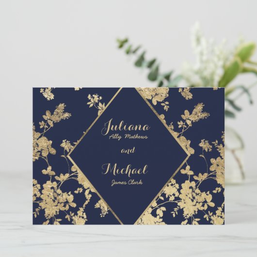 Navy blauw gouden kant bloemen luxe RSVP Uitnodigi Kaart (Staand voorkant)