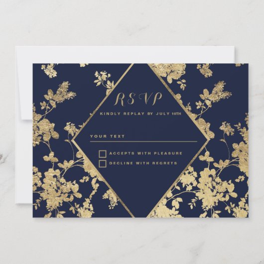 Navy blauw gouden kant bloemen luxe RSVP Uitnodigi Kaart (Achterkant)