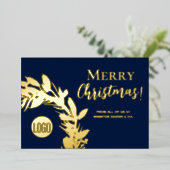 Navy Blauw Gouden Krans Vrolijk Kerstfeest Folie Feestdagenkaart (Staand Voorkant)