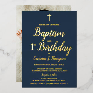 Navy blauw gouden kruis Doop 1e verjaardag Foto Folie Feestdagenkaart