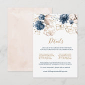 Navy blauw & gouden rozen Wedding Details Informatiekaartje (Voorkant / Achterkant)