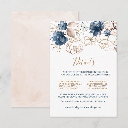 Navy blauw & gouden rozen Wedding Details Informatiekaartje (Voorkant / Achterkant)