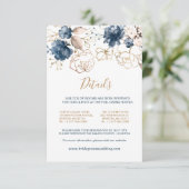 Navy blauw & gouden rozen Wedding Details Informatiekaartje (Staand voorkant)