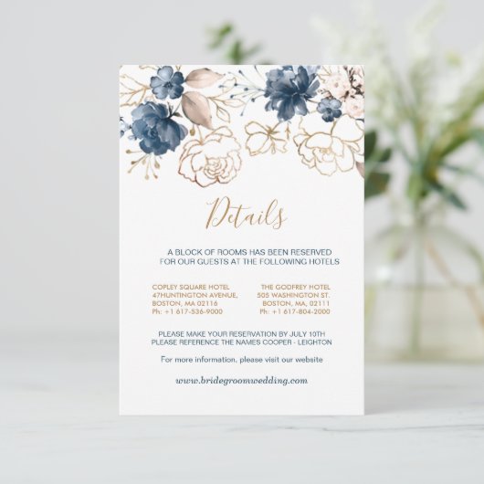 Navy blauw & gouden rozen Wedding Details Informatiekaartje (Staand voorkant)