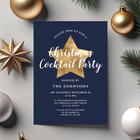 Navy Blauw Gouden Ster Kerstmis Cocktail Party Kaart