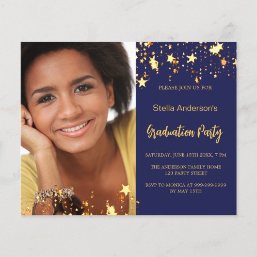 Navy blauw gouden sterren foto afstuderen uitnodig (Voorkant)