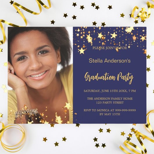 Navy blauw gouden sterren foto afstuderen uitnodig save the date