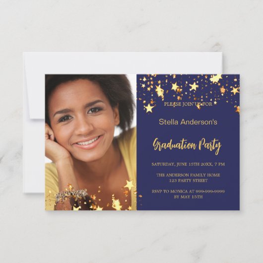 Navy blauw gouden sterren foto afstuderen uitnodig save the date (Voorkant)