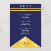 Navy Blauw Gouden Streep Fancy Huwelijksreceptie Menu (Voorkant)
