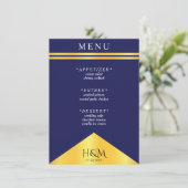 Navy Blauw Gouden Streep Fancy Huwelijksreceptie Menu (Staand voorkant)