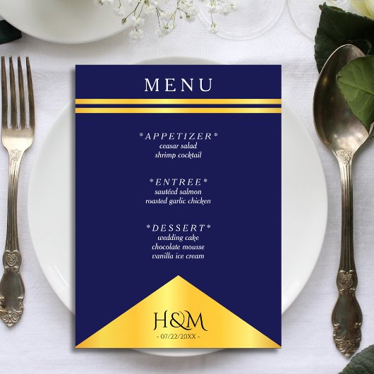 Navy Blauw Gouden Streep Fancy Huwelijksreceptie Menu