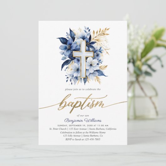 Navy Blauw & Gouden Waterverf Doop Kaart (Staand voorkant)