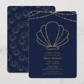 Navy-blauw & gouden zeeschelp zeemeermin bruidsdou kaart (Voorkant / Achterkant)
