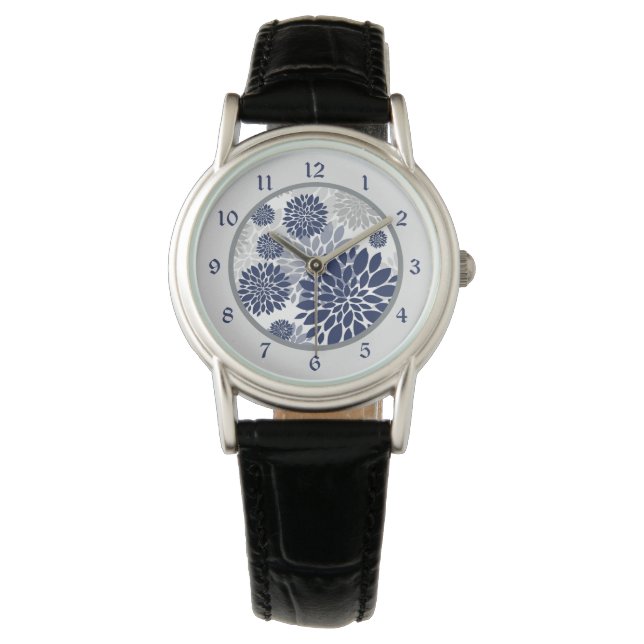 Navy Blauw Grijs Bloem Horloge (Voorkant)